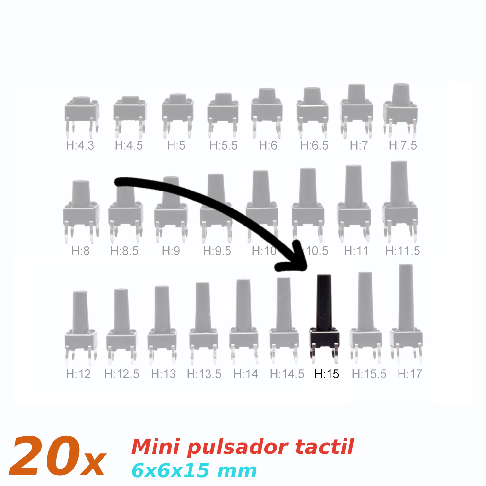 20x Mini pulsador para PCB 6x6x15 mm 4 pines SPST NO - Imagen 2