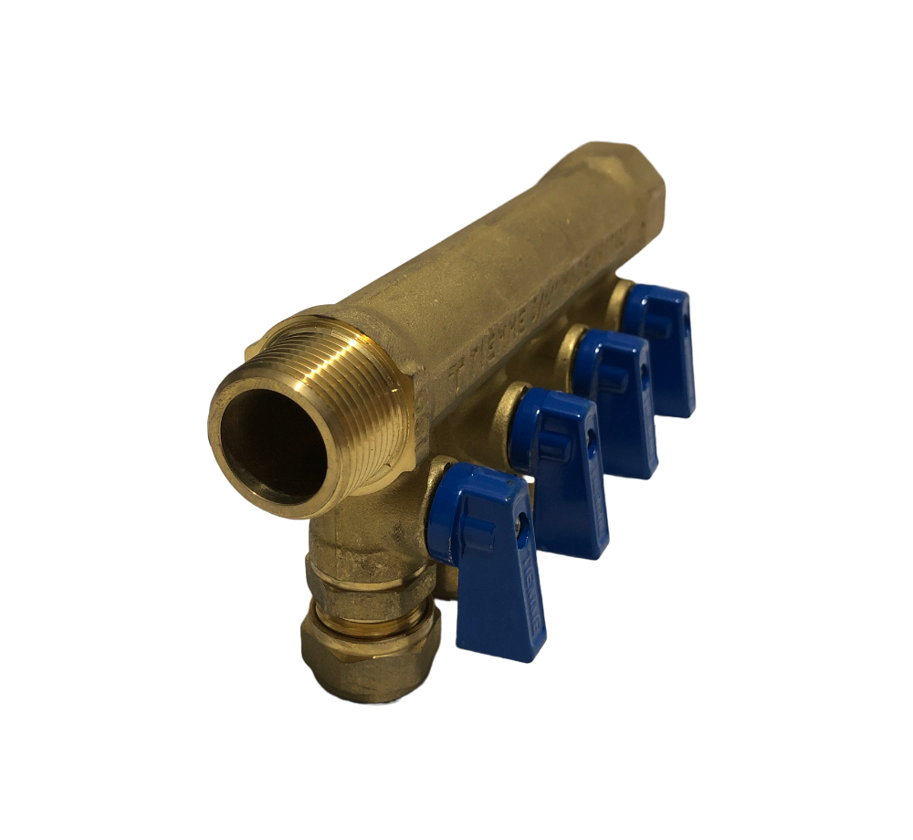 CONECTOR BRONCE DISTRIBUCION 3/4 H-M/NPT 4 SALIDAS 15 MM/PRESION VALVULA AZUL