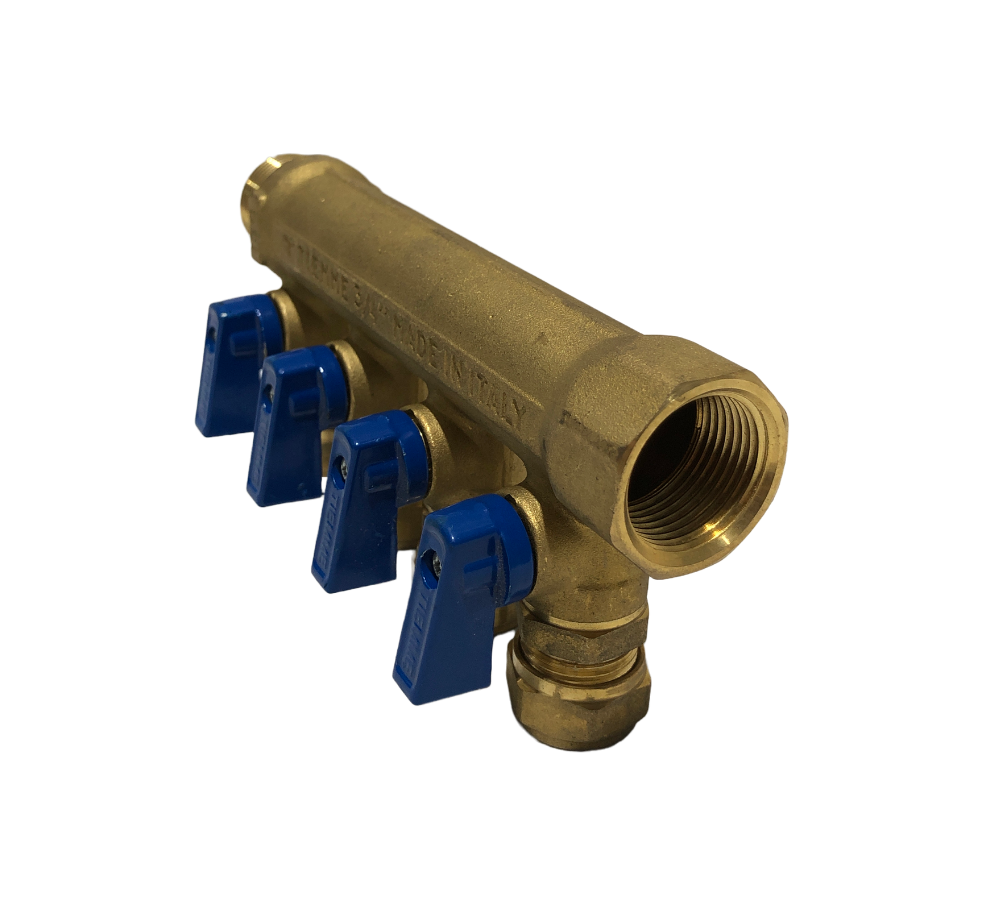 CONECTOR BRONCE DISTRIBUCION 3/4 H-M/NPT 4 SALIDAS 15 MM/PRESION VALVULA AZUL - Imagen 2