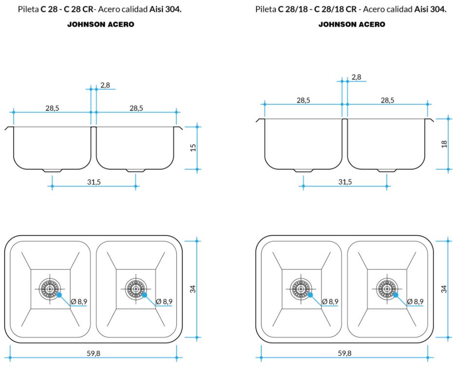 JOHNSON – C28/18 – PILETA DOBLE PEGAR 59.8 X 34 X 18 AC PUL 304 - Imagen 4