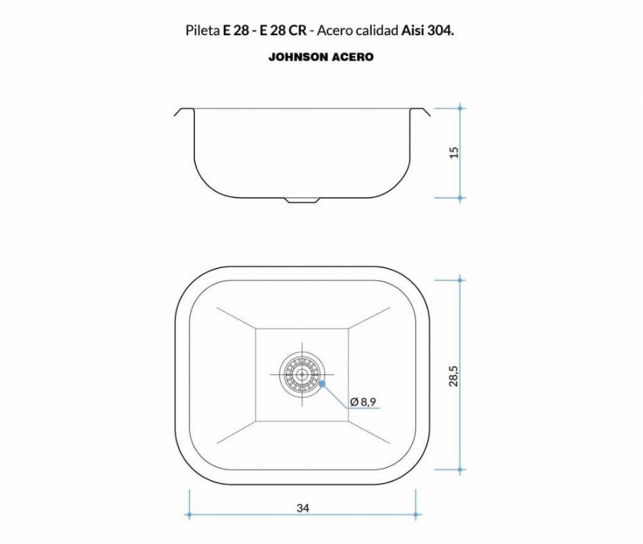 JOHNSON – E28 – PILETA SIMPLE 34 X 28.5 X 15 AC PUL 304 - Imagen 4