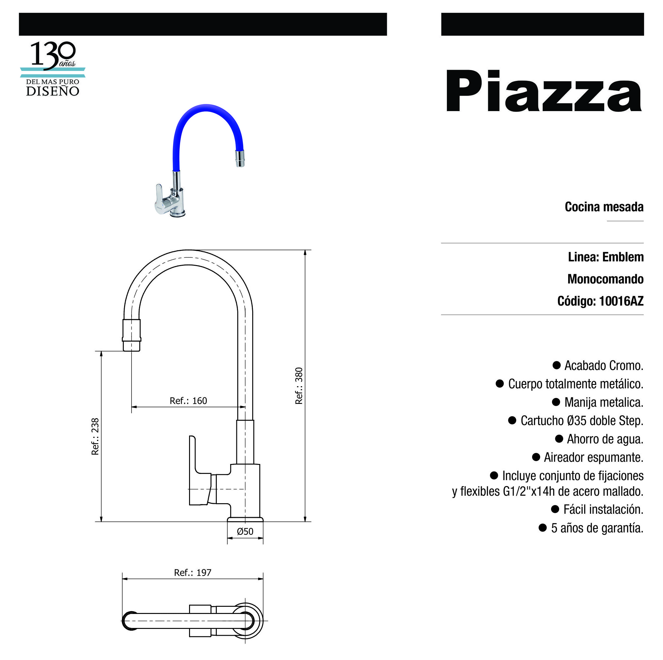 PIAZZA – 10016AZ EMBLEM AZUL – GRIF MONOC P/COCINA P/MES C/MANG FLEX - Imagen 2