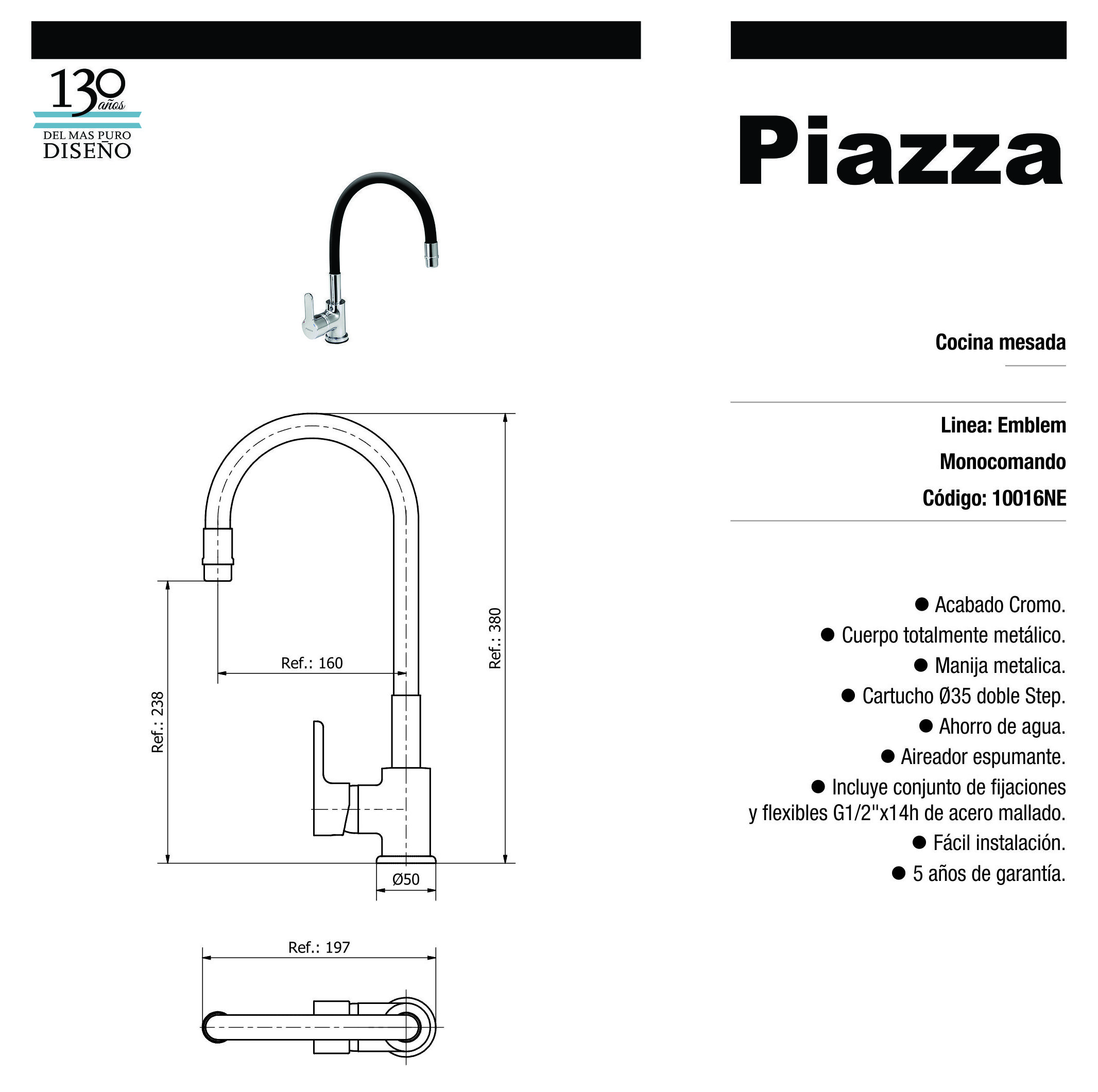 PIAZZA – 10016NE EMBLEM NEGRO – GRIF MONOC P/COCINA P/MES C/MANG FLEX - Imagen 2