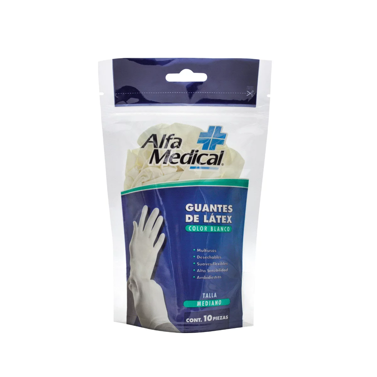 ALFA MEDICAL | GUANTES DE NITRILO BLANCOS / MEDIANO / BOLSA 10 PZ