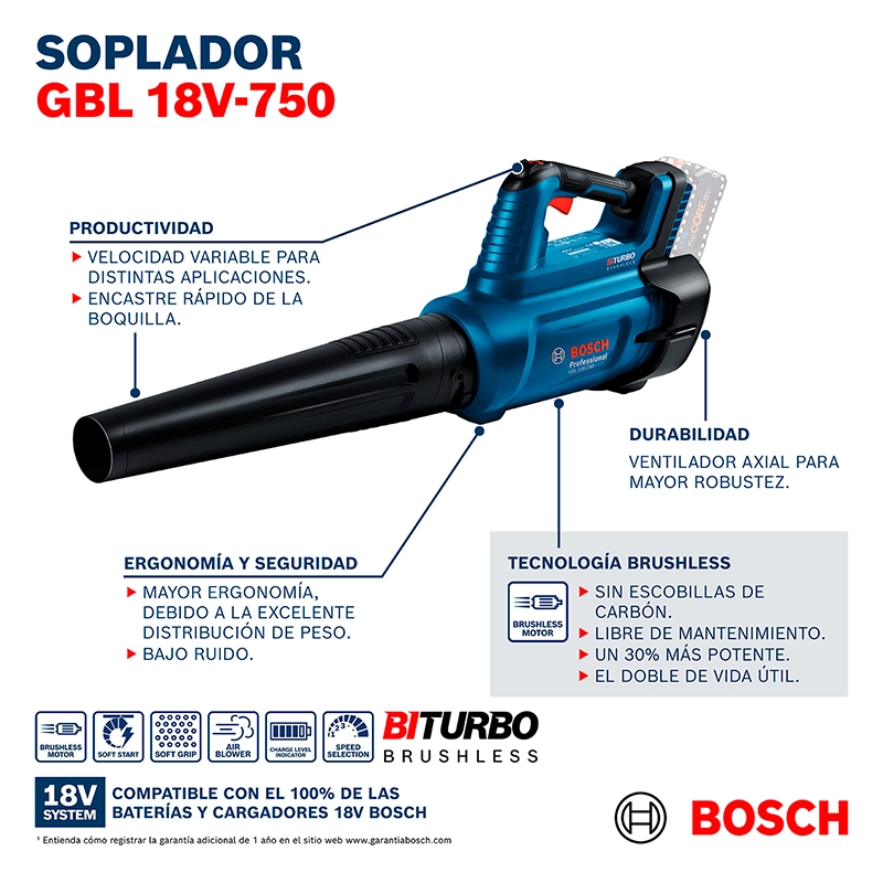 Sopladora Bosch GBL 18V-750 18V Brushless BOSCH 06008D20E0 + 1600A015TK + 1600A016GU - Imagen 7