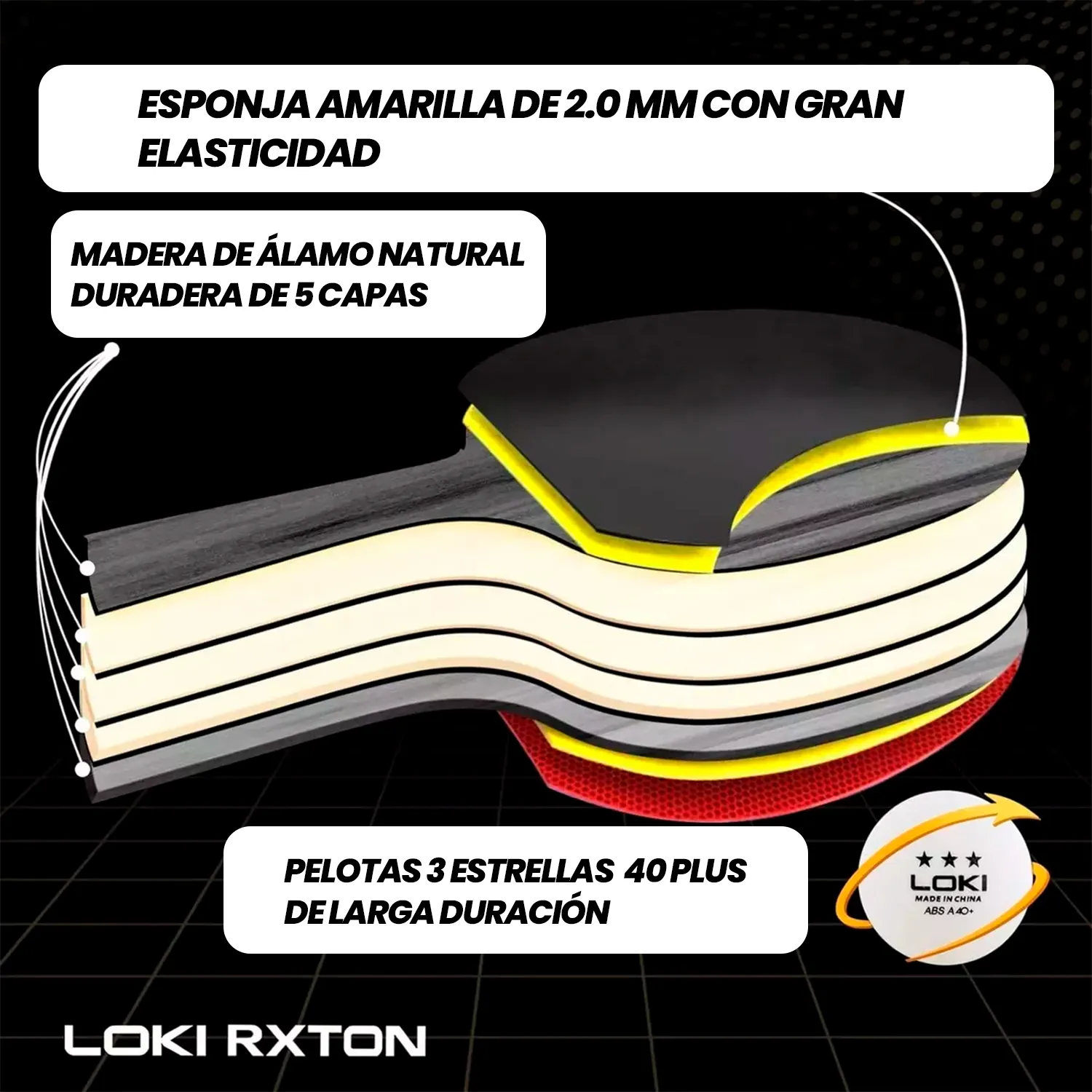 SET DE PING PONG LOKI RXTON ( 2 RAQUETAS + 1 NET + 1 ESTUCHE + 6 PELOTAS) - Imagen 8